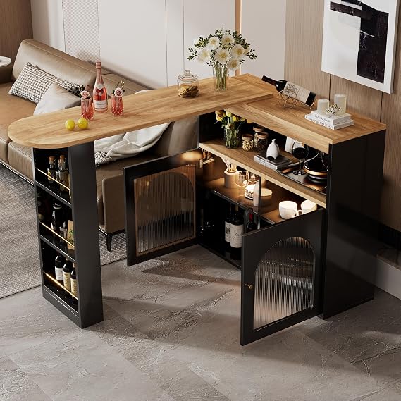 360° Rotating Extendable Kitchen Island Table (138-193X39X105CM), Extendable Dining Table with Storage, Bar Bistro Table, Swivel, for Dining Room, with LED Strip, Black
