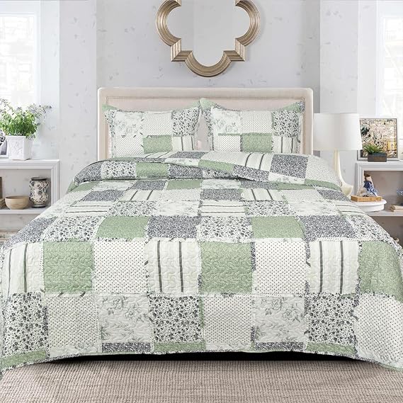 PHP Patchwork Bedspread Box Pattern 100% Cotton Filling Reversible Quilted Throw For Bedroom Decor - Warm Quilt Coverlets Blankets Bedspread with Pillow Case (Olive - Des 1, Double)