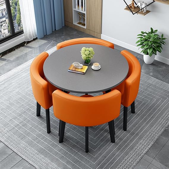 Round Dining Table Set for 4, Round Dining Table and Upholstered Chairs, Modern Casual Coffee Table Set for Kitchen, Living Room, Reception Room, Space Saving(Orange,90cm/35.5in)