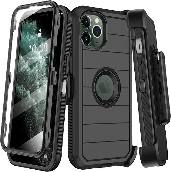 iPhone 11 Pro Maxケース、ベルトクリップホルスター付き、スクリーンプロテクター内蔵