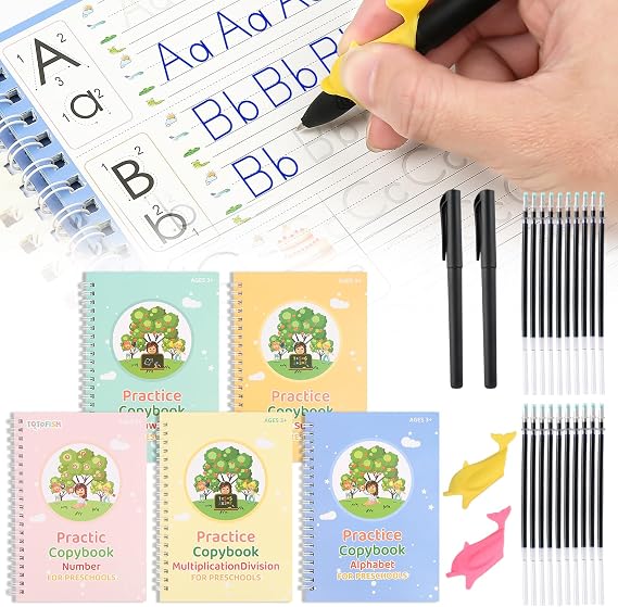 5 Pcs Handwriting Practice Books, Magic Grooved, with 2 Pens, Aid Pen Grips
