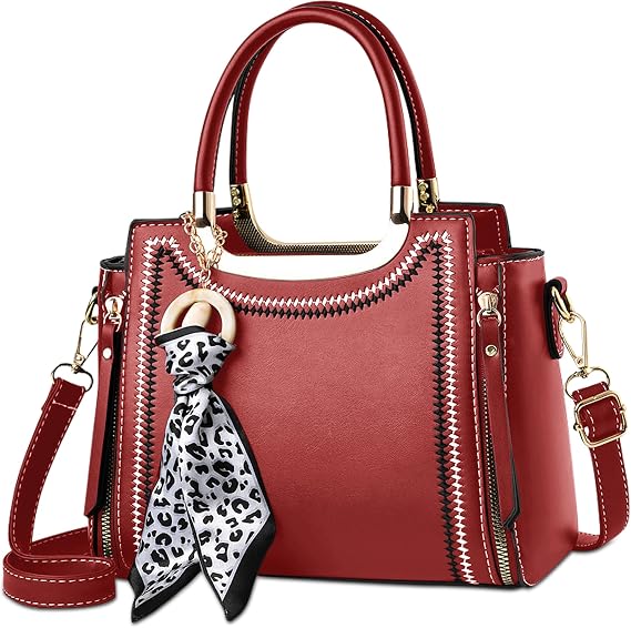 Women's Handbag with Silk Cloth Pendant Elegant Shoulder Bag PU Leather Shoulder Bag for Travel Shopper Work Red