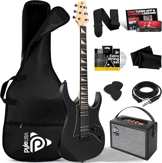 Pyle Full Size Electric Guitar Kit, Tremolo Bridge & Amp - Black