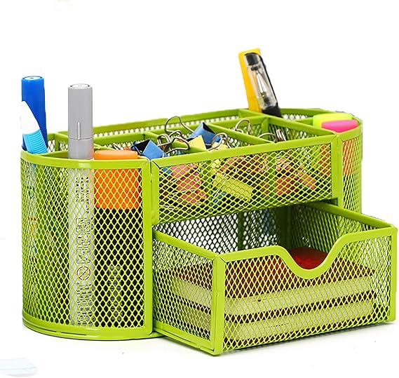 VANRA Metal Mesh Pen Holder Desk Organizer Small Capacity Desktop Stationery Storage Supplies Organizer with Drawers 8