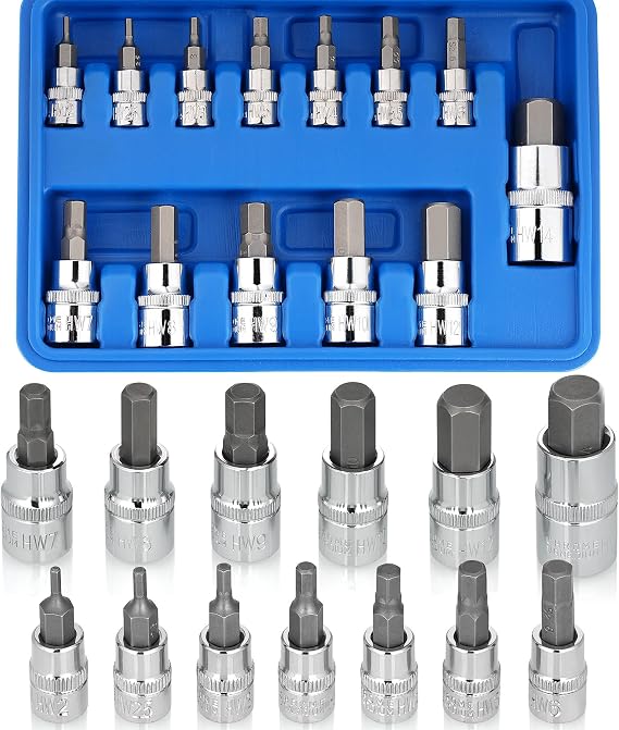 13Pcs HEX Bit Socket Set, Metric 2‑14mm CR‑V, Allen Drive