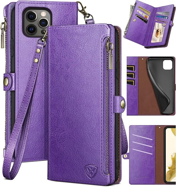 XcaseBar for iPhone 14 Pro Max 6.7" Wallet case with Zipper Credit Card Holder【RFID Blocking】, Flip Folio Book PU Leather Phone case Shockproof Cover Women Men for Apple 14 Pro Max case Purple