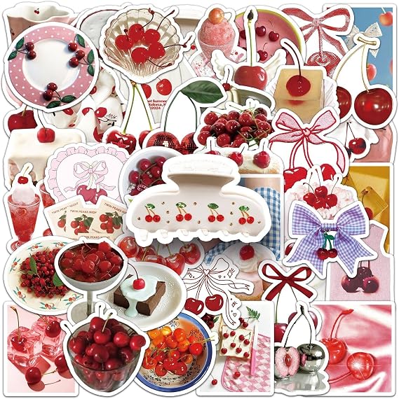 Cherry Stickers 50 Pcs Waterproof Trendy Cute Red Fruit Sticker Sticker for Water Bottle Laptop Skateboard Suitcase Car Scrapbook Luggage,Vinyl Funny Decals for Teens Girls Adults