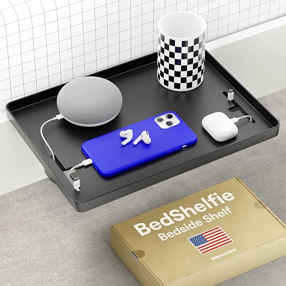 BedShelfie Bedside Shelf, Bunk Bed & Top Bunk, College Dorm Room Essentials, Clip On Nightstand, Bed Side Table Tray Organizer, Room Decor, College Dorm Essentials (Cable Catch Model, Black, Plastic)