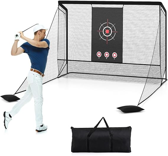 COSTWAY Golf Practice Net, 7x7.4ft/10x7.4ft Portable Golf Hitting Net with Target Cloth, Dual Side Barriers & Sand Bags, Golf Driving Cloth Net for Indoor Outdoor Driving Chipping