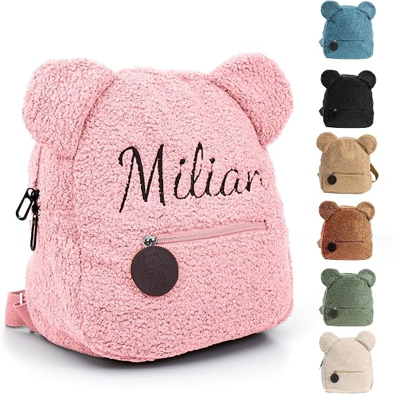 Personalised Toddler Backpack for Girl & Boy, Embroidered Name Children's Mini School Rucksack, Cute Small School Bag for Travel Kindergarten Elementary Preschool, Kids Teddy Plush Backpack