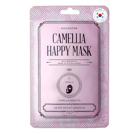 KOCOSTAR Camellia Happy Mask - Moisturising Korean Face Mask Sheet Mask - Face Mask Women with Red Camellia Seed Oil - Cloth Masks Face without Rinse - Masks Beauty Cloth Mask