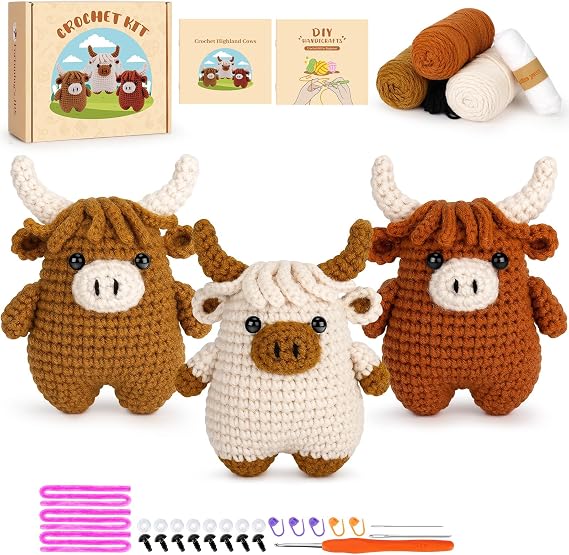 3pcs Highland Cow Learning Crochet Kit For Beginners with Video Crochet Kit Highland Cow Animal Knitting Kit Crocheted Animal Kits Complete Crochet Starter Animals Set Beginners Crocheted Kit