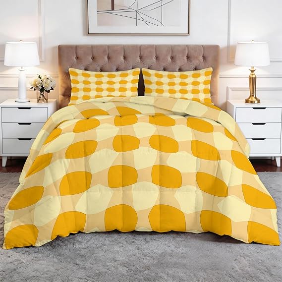 Geometry Grid Polka Dots Small Double Duvet, Yellow Coverless Duvet 7.5 Tog, Soft & Breathable Reversible Quilt With 2 Pillowcases, Hypoallergenic Comforter for Kids Girls Boys, 180 x 200 cm