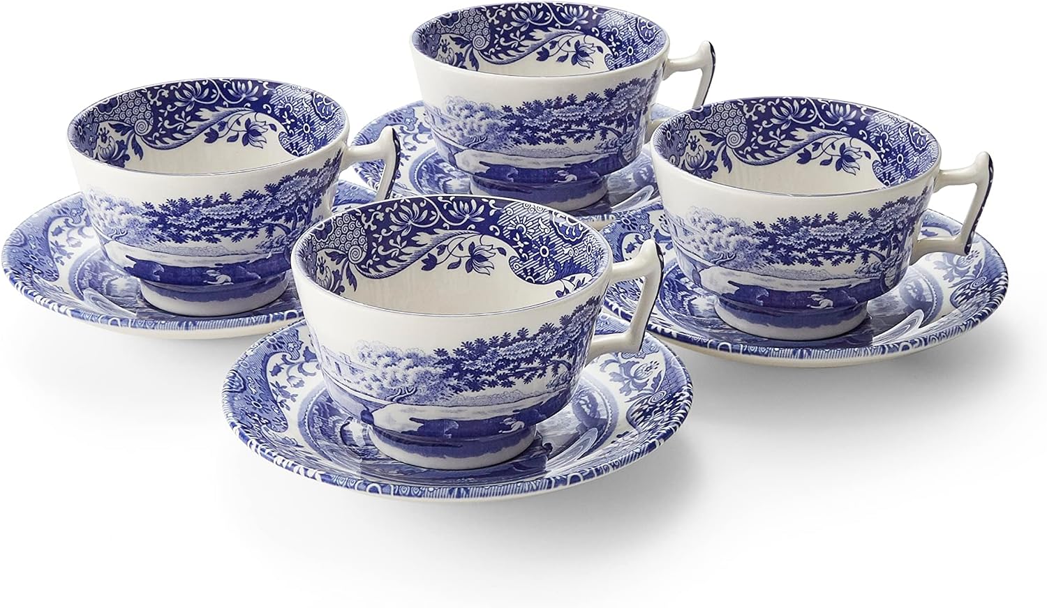 Spode x Blue Italian Set of 4 Teacups and Saucers - Elegant Tea Cups and Saucers Featuring The Iconic Blue and White Design and 18th Century Imari Oriental Border, Made in England