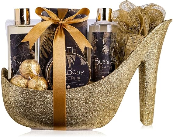 Accentra Luxury Bath Set in Beautiful Gold Glitter Pumps - 9 Piece Luxury Beauty Set for Relaxed Spa Experience