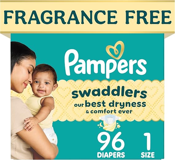 Pampers Swaddlers Diapers, Size 1 (8-14 lbs), 96 Count, Absorbent, Keeps Baby Dry and Comfortable, Skin Safe Disposable Baby Diaper (Packaging May Vary)