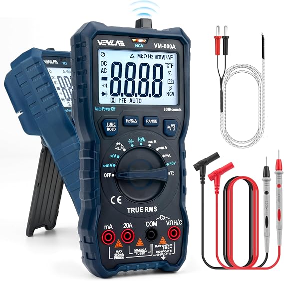 VENLAB Digital Multimeter, TRMS 6000 Counts Auto-Ranging, DC AC Volt Ohm Circuit Tester for Voltage, Current, Resistance, Diodes Continuity, Capacitance, Frequency, NCV, Temperature, Transistors