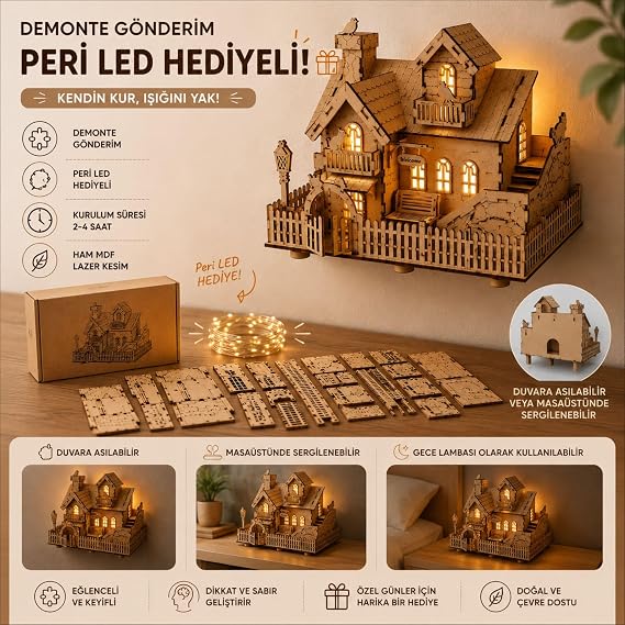 AlgWoodDesign Ahşap Ev Maketi 82 Parça – Peri LED'li DIY Duvara Asılabilir Ev Modeli Işıklı Dekor