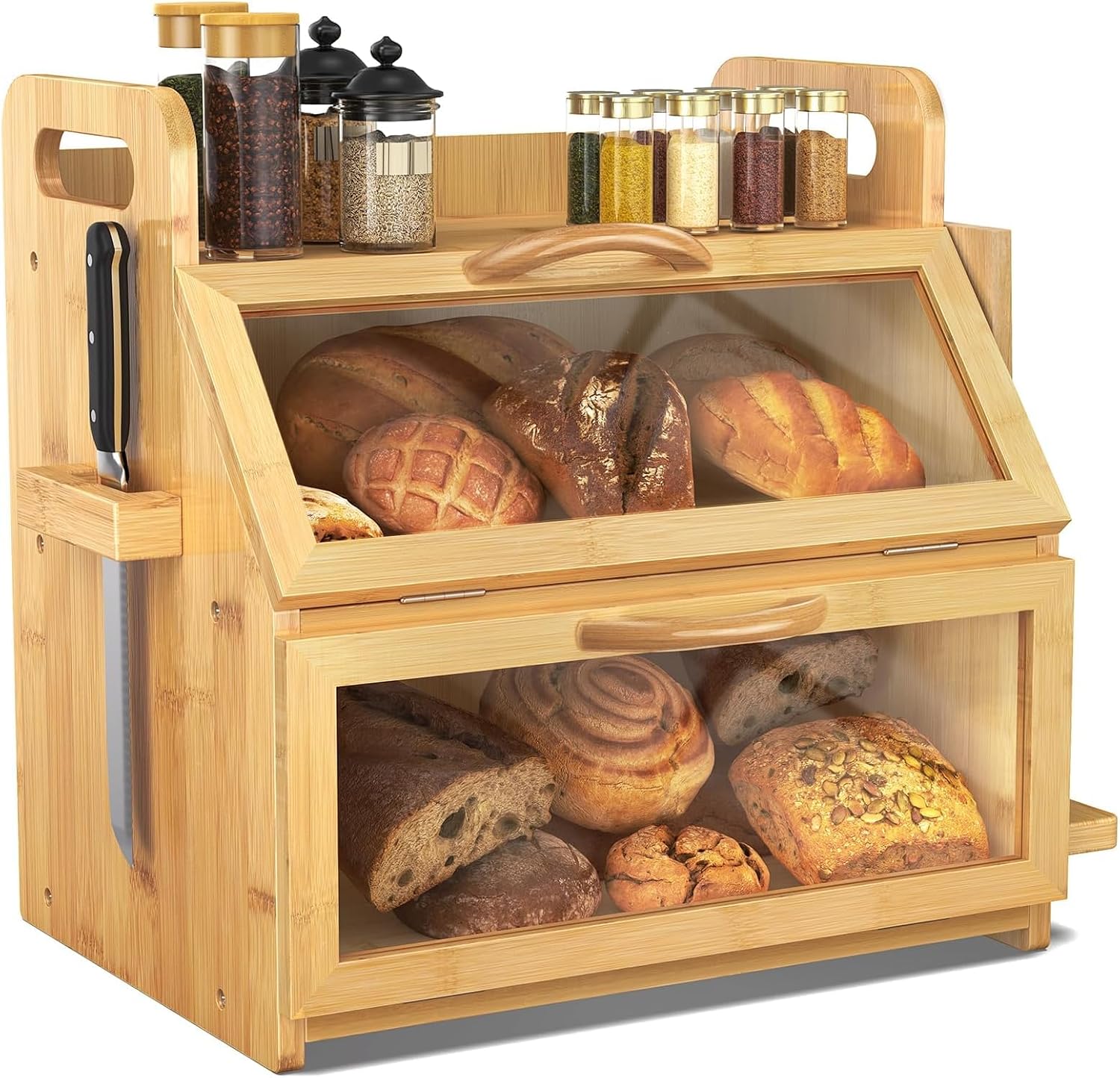 BAMBANG Extra Large Bread Box, Double Layer Bread Box for Homemade Bread, Bamboo Wooden Bread Storage Container with Tool Holder & Handles & Window, Assembly Required14.9" x 11" x 15.3" Natural