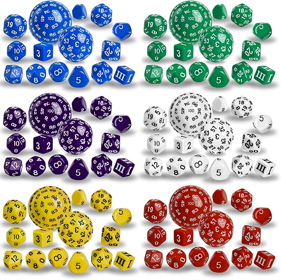 6 Sets Complete Polyhedral Dice Set D3-D100 (15 pcs) for TRPG Tabletop Games (Multi-Color)