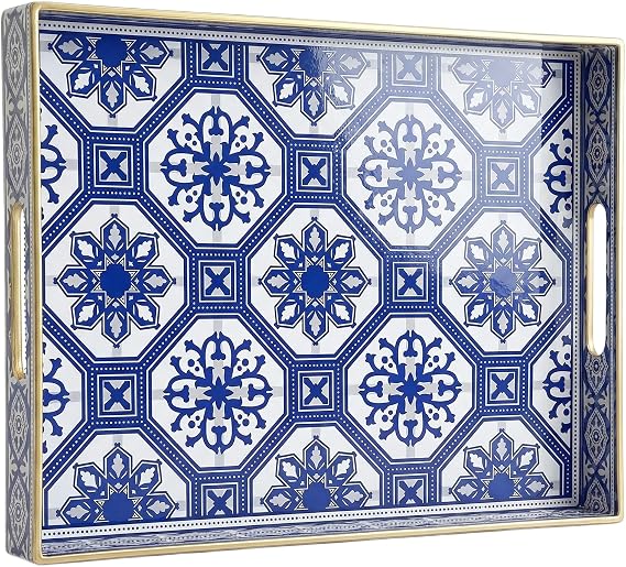 Rectangular - Plastic Decorative Tray with Handles Modern Vanity Serving For Ottoman, Coffee Table, Kitchen And Bathroom 15.7 x 11.8 Inch (Blue white porcelain)