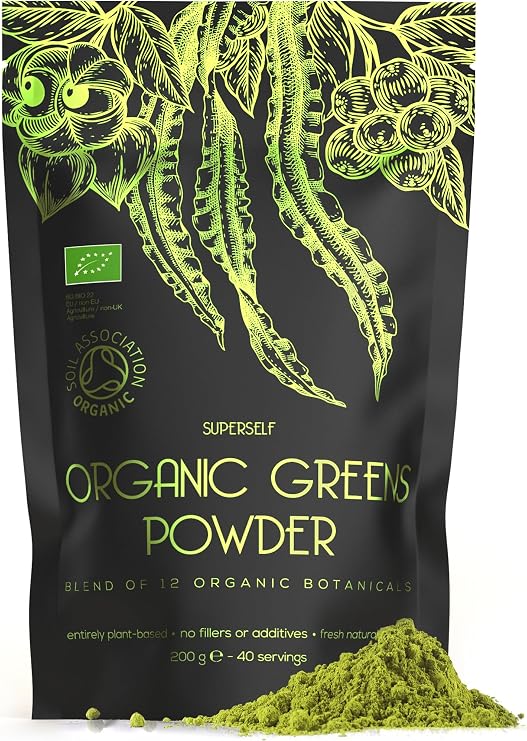 Organic Super Greens Powder - No Additives - 12 Supergreens - 40 Servings | Daily Superfood Green Powder with Matcha, Spirulina, Wheatgrass, Chlorella, Acai - High in Vitamins, Protein, Fibre