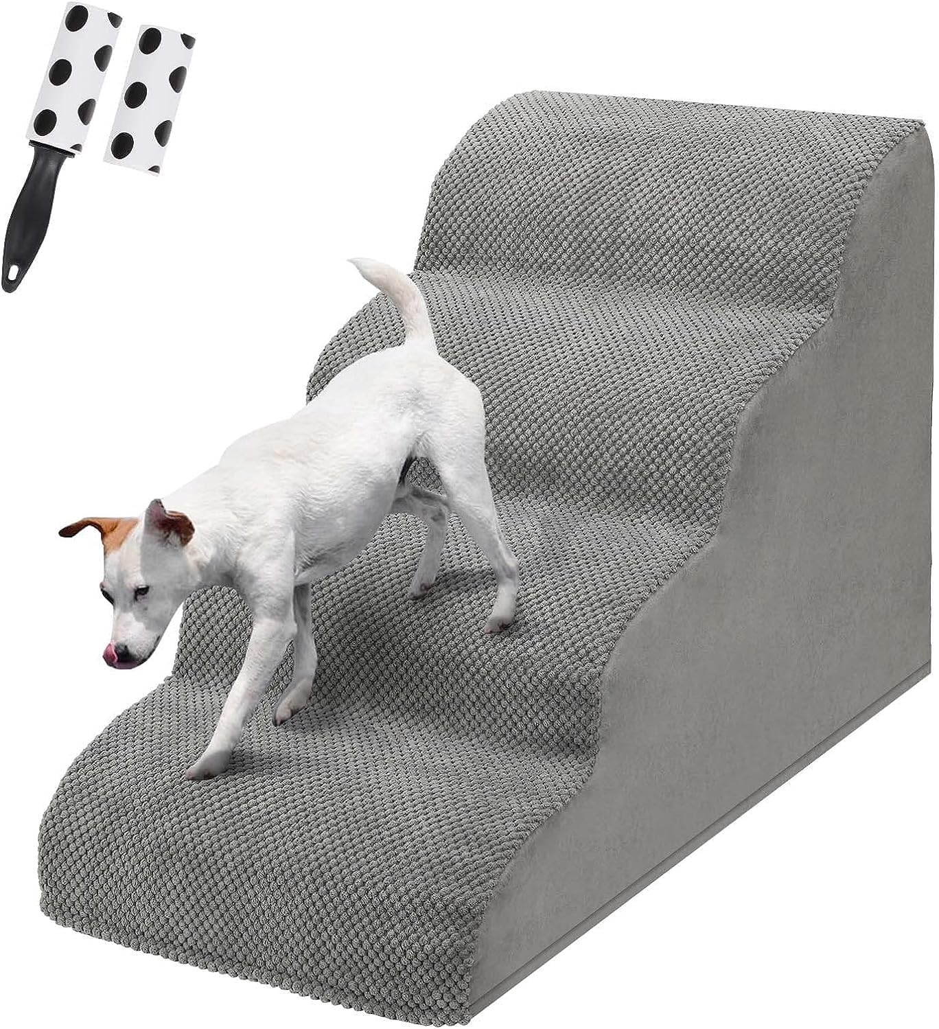 LIANTRAL Dog Steps Stairs for Bed - Non-Slip Pet Stairs for Small Dogs and Cats, 4-Steps Dog Ramp for Sofa with High Density Foam & Removable Cover & Pet Hair Remover Roller, Grey