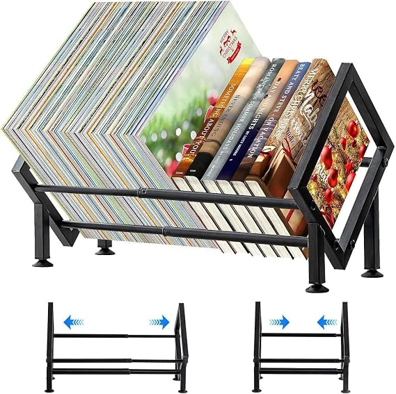 Small Bookcase - Expandable Tilting Bookshelf Desktop Metal Bookshelf for Small Spaces Assemble Desktop Bookcase Organiser for Books/ 80-100 CDs/Magazine Display (Black)