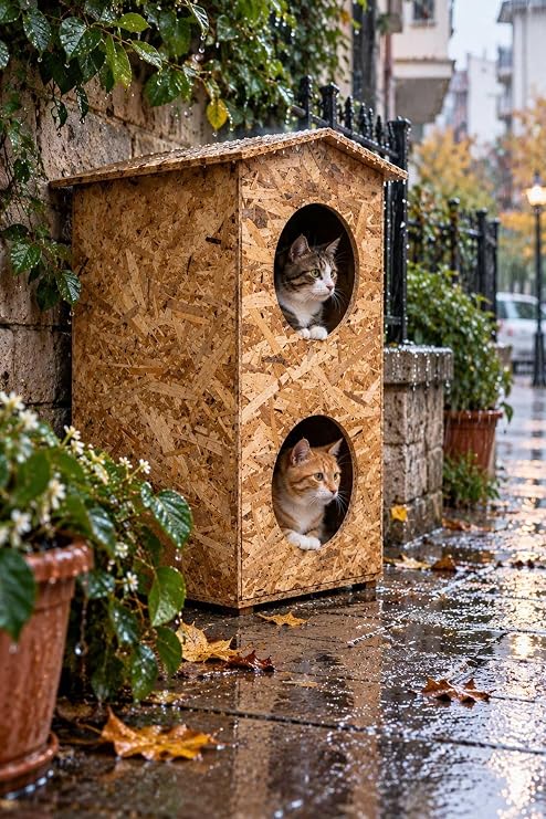 Reyo 2 Bölmeli Dublex Kedi 66x39x32 cm Yağmura ve Soğuğa Dayanıklı OSB Kedi Kulübesi, Sokak Hayvanları İçin Kedi Yuvası - CAT10
