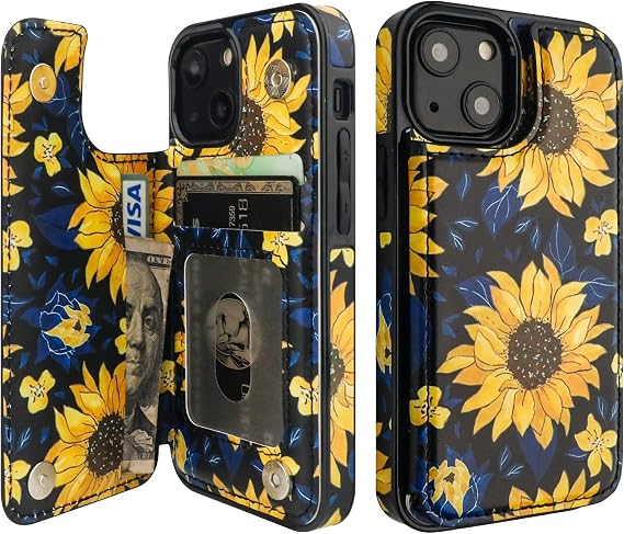 HAOPINSH iPhone 13 Mini ウォレットケース カードホルダー付き 花柄 背面 フリップ フォリオ PUレザー キックスタンド カードスロットケース 女性用 女の子用 ダブル磁気クラスプ 耐衝撃カバー 5.4インチ, 咲くひまわり