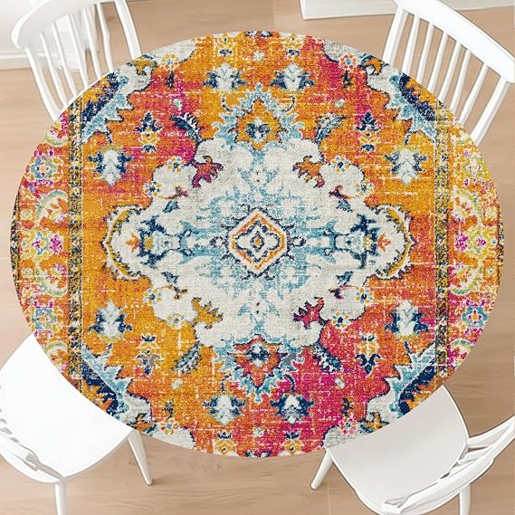 Round Fitted Tablecloth with Elastic Edge Orange Teal Boho Vintage Picnic Table Cover Bohemian Carpet Print Rustic Ethnic Indian Wipeable Table Cloth Fit 44"-48" Tables For Outdoor,Patio,Camping
