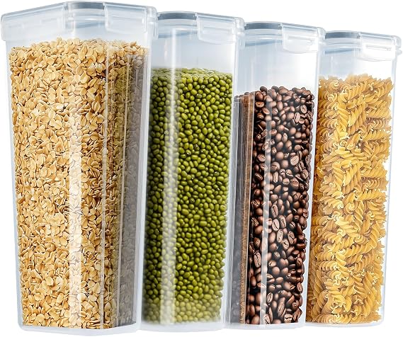 Cereal Storage Container Sets Airtight Dry Food Dispenser Containers Stackable Kitchen Storage Boxes Plastic Pantry Organization with Lock Lids Leakproof for Flour Sugar Pasta (4pcs, 2.8L)