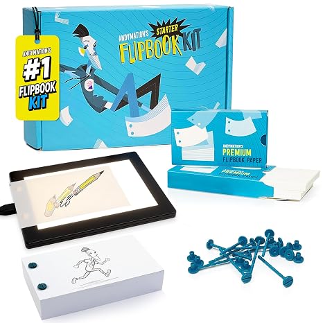 Andymation Official Flip Book Starter Kit for Kids & Adults with LED Light Pad for Drawing & Tracing Animation, Premium Drilled Flip Book Paper, Removable Binding Screws