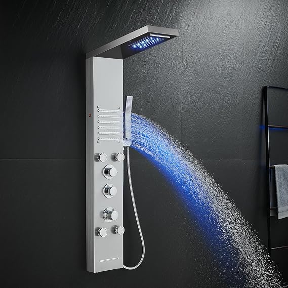 6 in 1 Thermostatic Tower Shower Panel with LED, Body Jets,Brushed