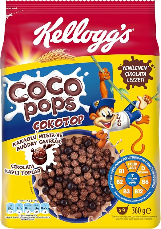 Kellogg's Coco Pops Polyotope Chocolate Coated Cereal and Wheat Flakes 360 Gr, Fiber, Iron and 6Vitamin Source, Contains 100% Beet Sugar, Vitamin D, Calcium, Folic Acid and Iron, Contains at least 40% Cocoa