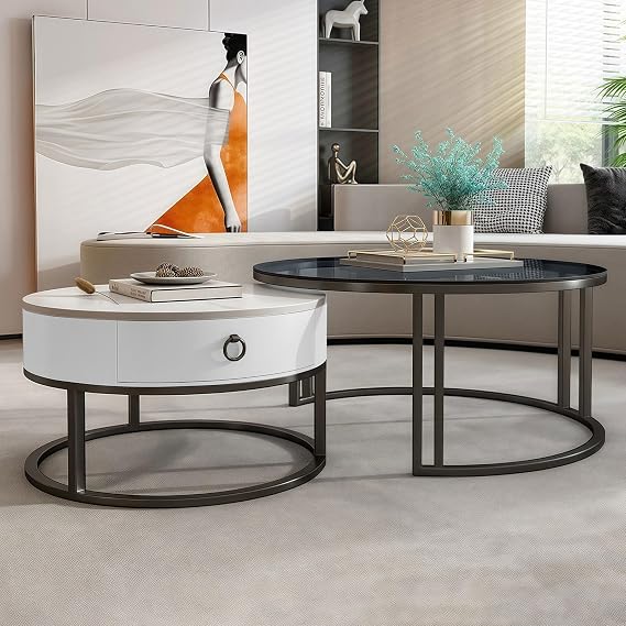 Round Nesting Coffee Table for Living Room, Wooden Storage Drawer