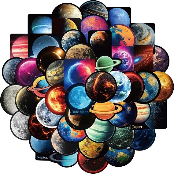 50Pcs Planet Stickers for Kids Teens – Solar System Galaxy Decals for Journals Water Bottles Laptops DIY Scrapbooks Astronomy Science Enthusiasts Glossy Black Design