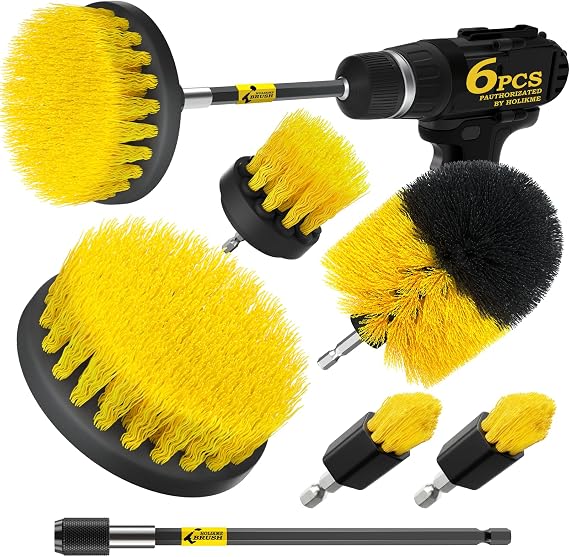 Holikme 4Pack Drill Brush Power Scrubber Cleaning Brush Extended Long Attachment Set All Purpose Drill Scrub Brushes Kit for Grout, Floor, Tub, Shower, Tile, Bathroom and Kitchen Surface，Yellow