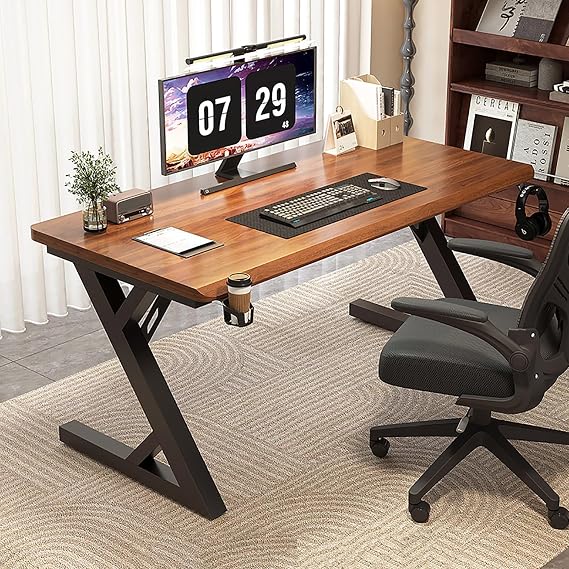 Modern Walnut Computer Desk Adjustable Gaming Workstation Home Office Writing Table 120x60x75cm Stylish Wood Bureau for Productivity