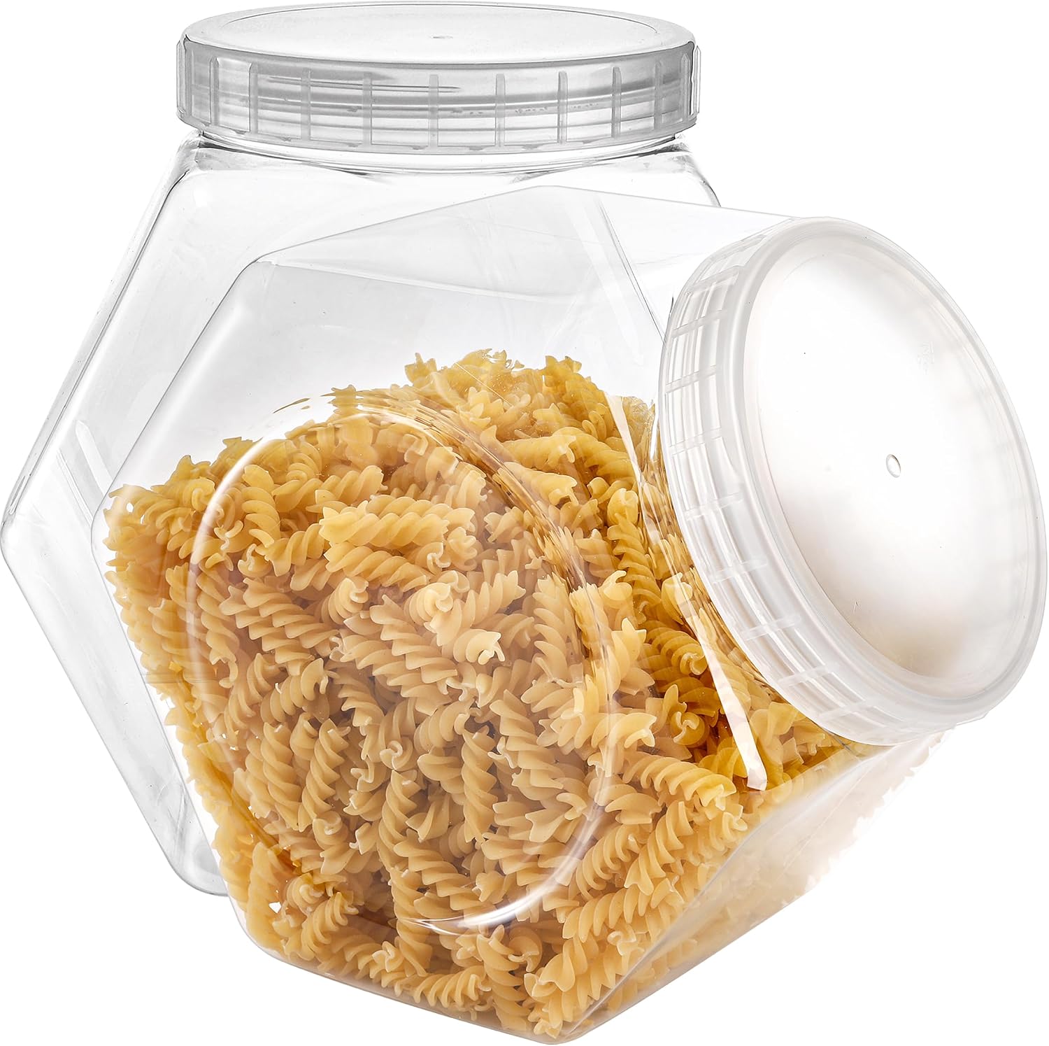 SOUJOY 2 Pack Plastic Candy Jar with Lid, 1 Gallon128oz Cookie Containers for Kitchen Counter, Clear Hexagon Candy Display for Snacks, Dog Treats, Craft and Sewing Supplies, Coffee Pod, Laundry Pod