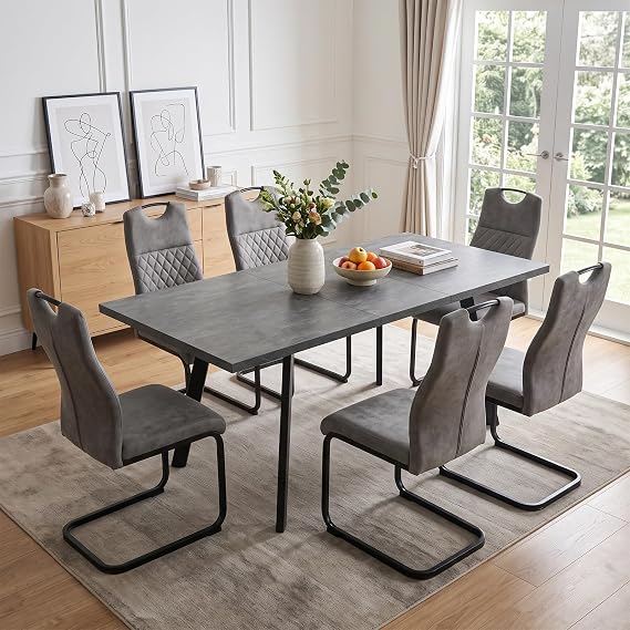 JIEXI Extendable Dining Table Set of 7 Modern Dark Grey Kitchen Table with Beige Flannel Chairs Dining Room Table Furniture for Living Room Flat (FAD2026-Grey 1 Dining Table 140-180 cm + 6 Dining