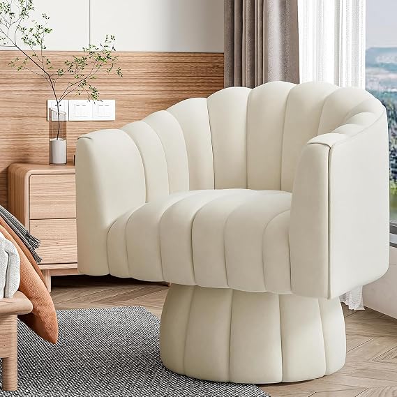 Accent Chair Mid-Century 360 Degree Swivel Modern Lounge Sofa Round Barrel Wide Upholstery Fluffy Velvet Fabric Chair Home Sofa for Living Room/Bedroom/Waiting Room Beige