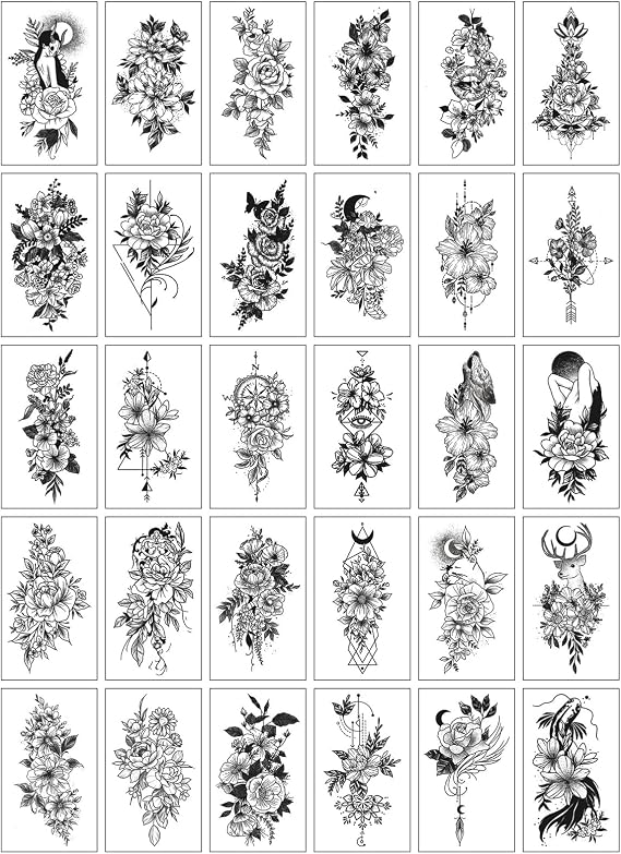 30 Sheets Temporary Tattoos Stickers Black Flowers Fake Tattoos Sexy Waterproof Fake Tattoo Stickers Rose Flower Temporary Tattoos Neck Arm Thigh Flower Tattoo Sticker for Women Girls