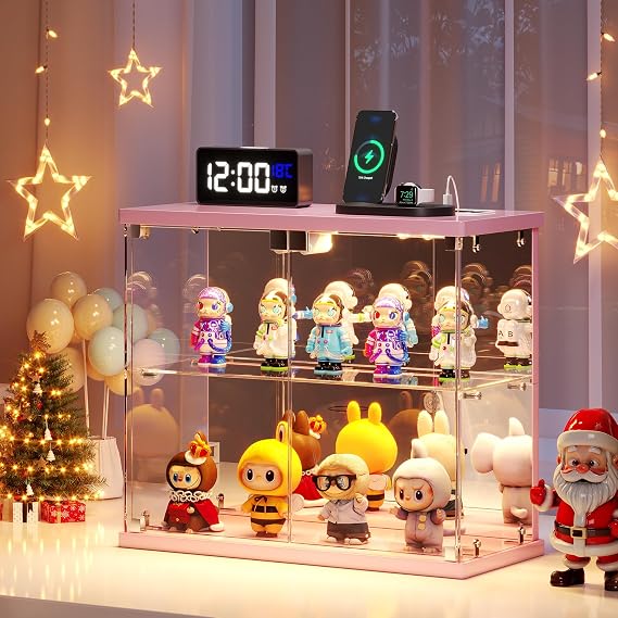 FREDEES Glass Display Cabinet Case with LED Lights, Pink