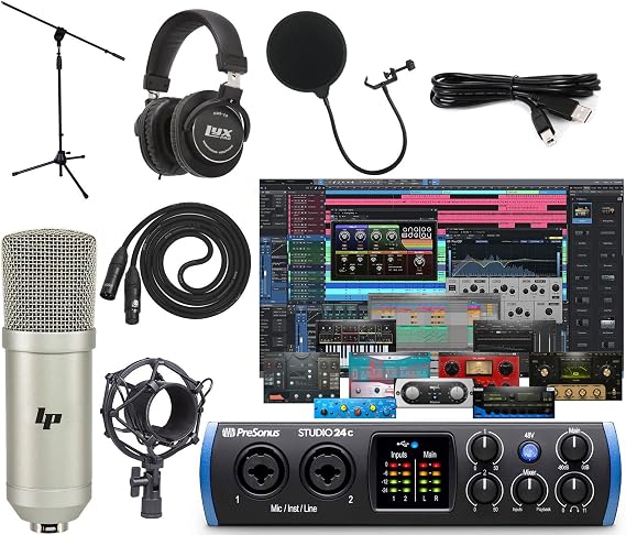 PreSonus Studio 24c USB-C Audio/MIDI Interface Recording Bundle LyxPro Cardioid Condenser Microphone Pop Filter Shock Mount XLR Cable Metal Stand Studio Headphone Studio One Artist Software
