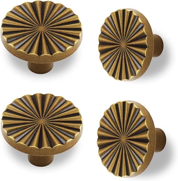 4 Pack Antique Brass Cabinet Knobs, Round Flat Drawer Pull Handles for Kitchen Cupboard, Wardrobe, Bathroom, Dresser, Furniture, Zinc Alloy Cabinet