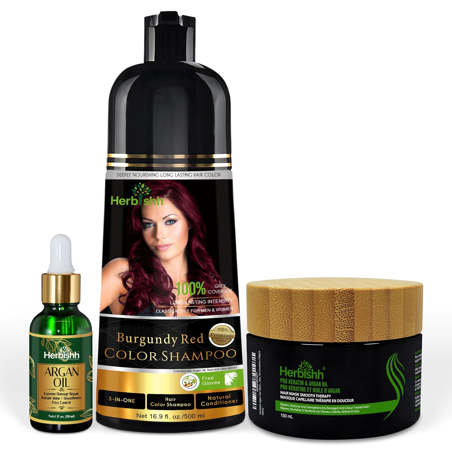 Herbishh After Colour Shampoo Combo Contains Hair Colour Shampoo Hair Colour 500 ml Argan Oil 30 ml Pro Keratin and Argan Hair Mask 100 g for Hair Straightening Shine and Protection (Burgundy)