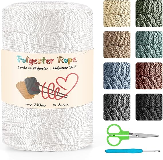 Polyester Macrame Cord 2 mm, 250 m, 100% Polypropylene, 4 mm Cord, Crochet Bag, Gift for Knitwear, White