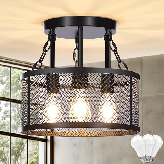 Black Industrial Ceiling Light, 3 Light Semi Flush Ceiling Light with Metal Mesh Cage, E27 LED Bulbs Included for Living Room, Kitchen, Dining Room, Bedroom and Hallway