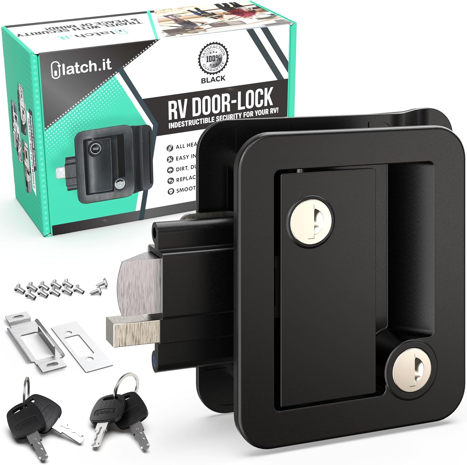 LATCH.IT Black RV Door Latch | RV Door Locks for Travel Trailers | Travel Trailer Door Latch | 100% Metal Camper Door Lock 4 Camper Keys | Trailer Door Lock Only Fits 2.75"x3.75" Door Lock Hole